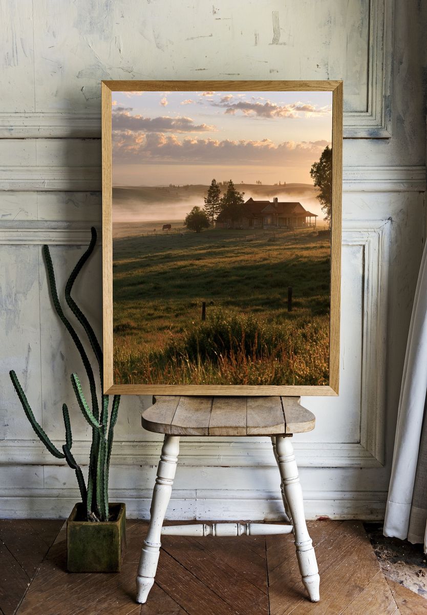 Misty Countryside Sunrise Photography Poster. — room view 1