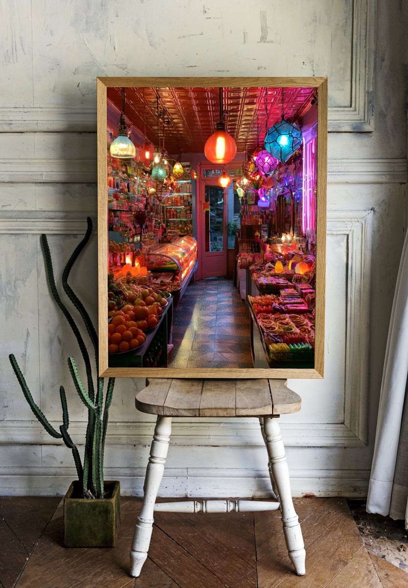 Neon Market Aisle Photography Poster. room preview