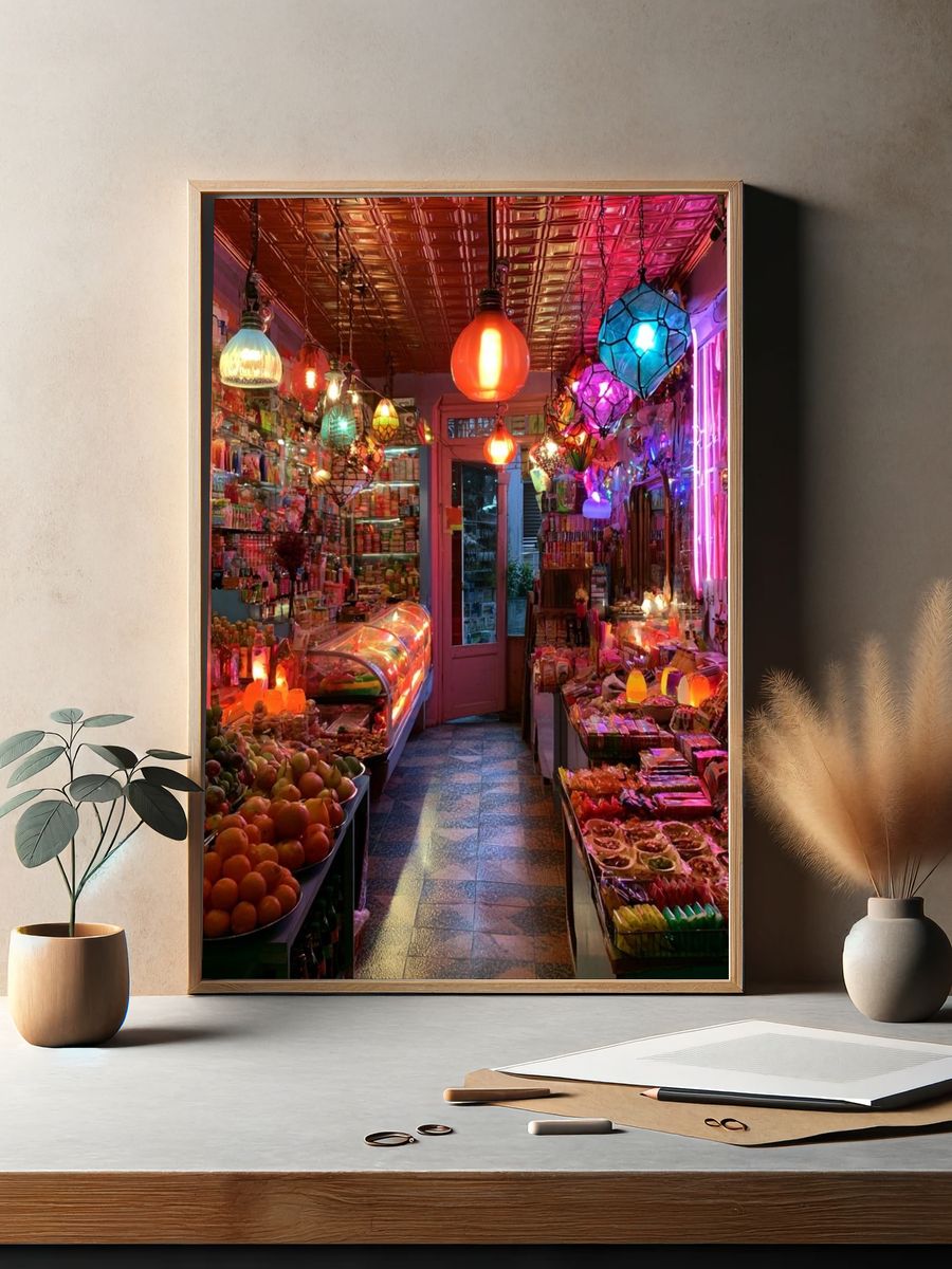 Neon Market Aisle Photography Poster. — room view 2