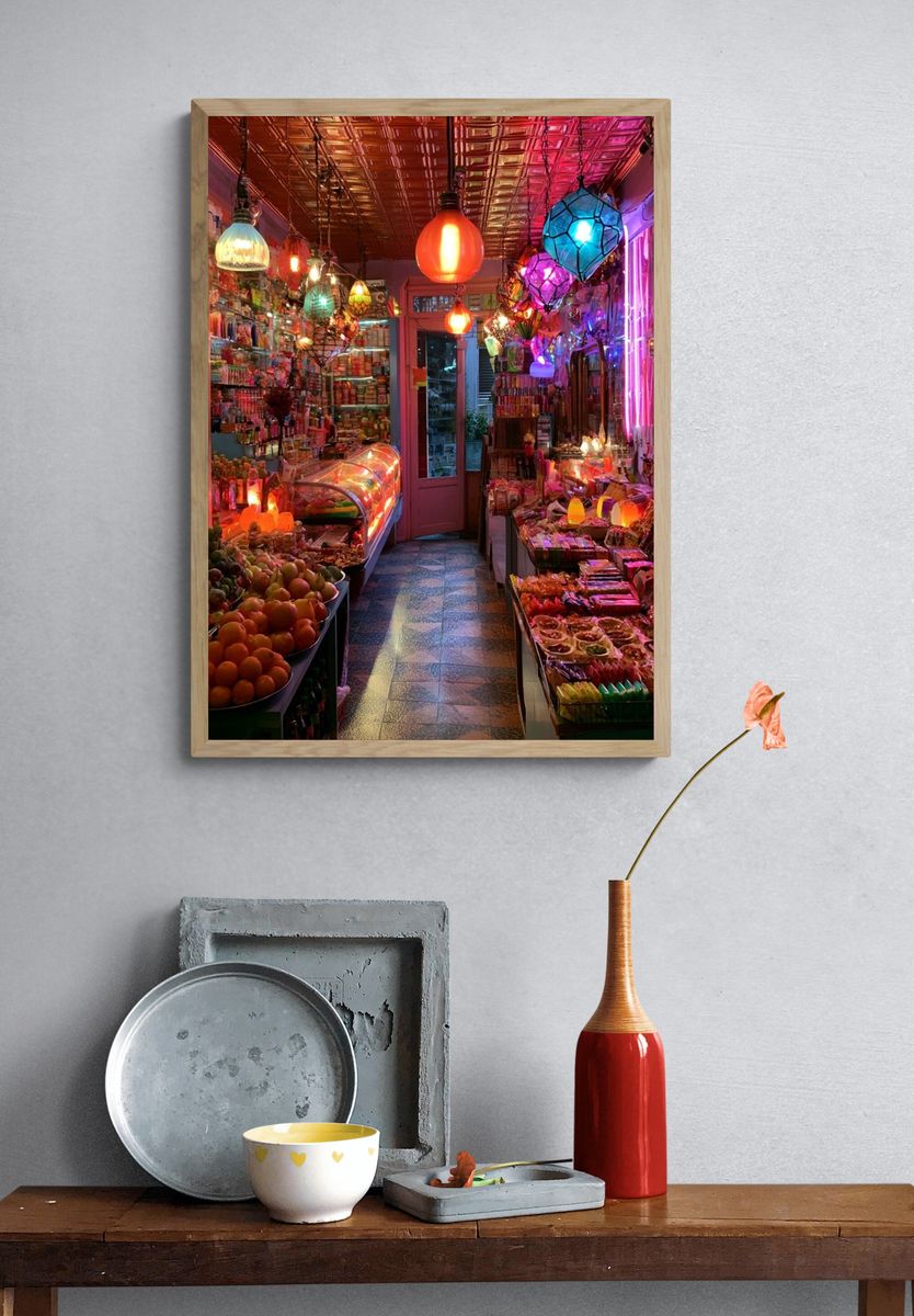 Neon Market Aisle Photography Poster. — room view 3