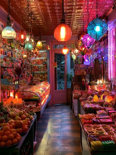 Neon Market Aisle Photography Poster.