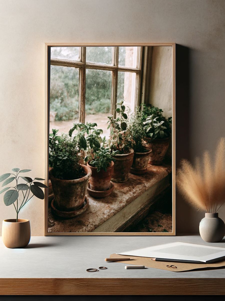 Potted Herbs by Window Photography Poster. — room view 2