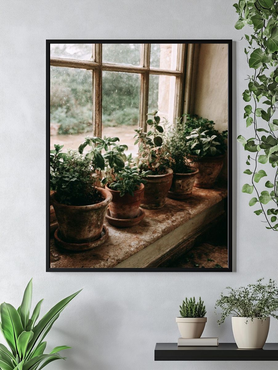 Potted Herbs by Window Photography Poster. — room view 4
