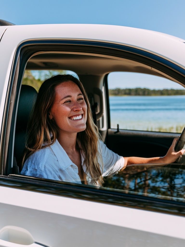 Smiling Woman in Car Photography Poster. poster — photography art
