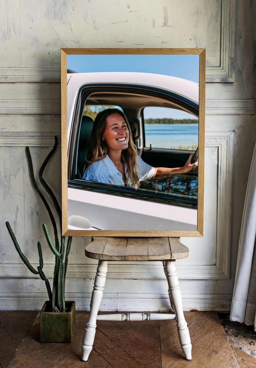 Smiling Woman in Car Photography Poster. room preview
