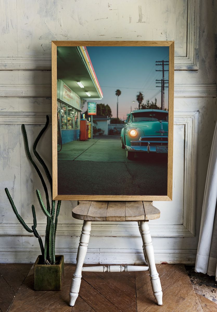 Vintage Gas Station Car Photography Poster. room preview