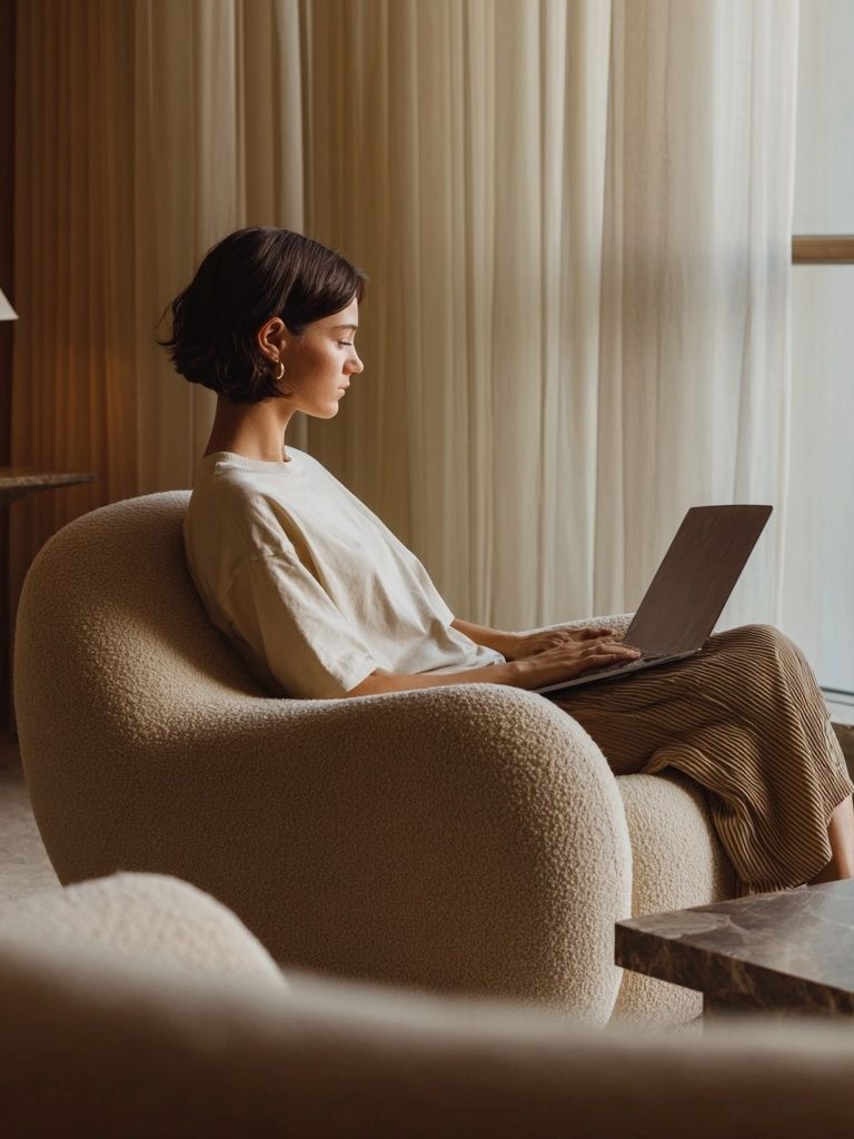 Cozy Woman with Laptop Photography Poster. poster detail