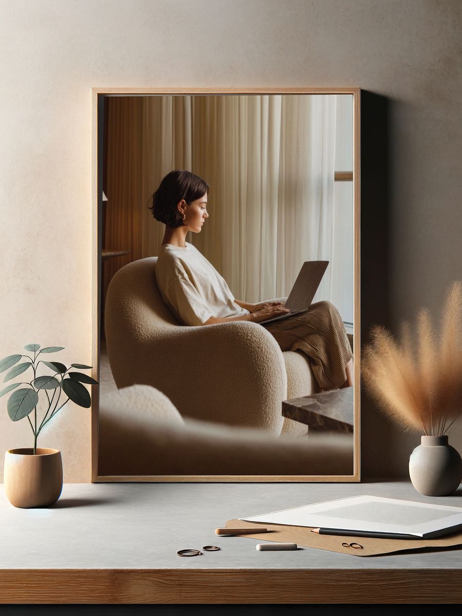 Cozy Woman with Laptop Photography Poster. — room view 2