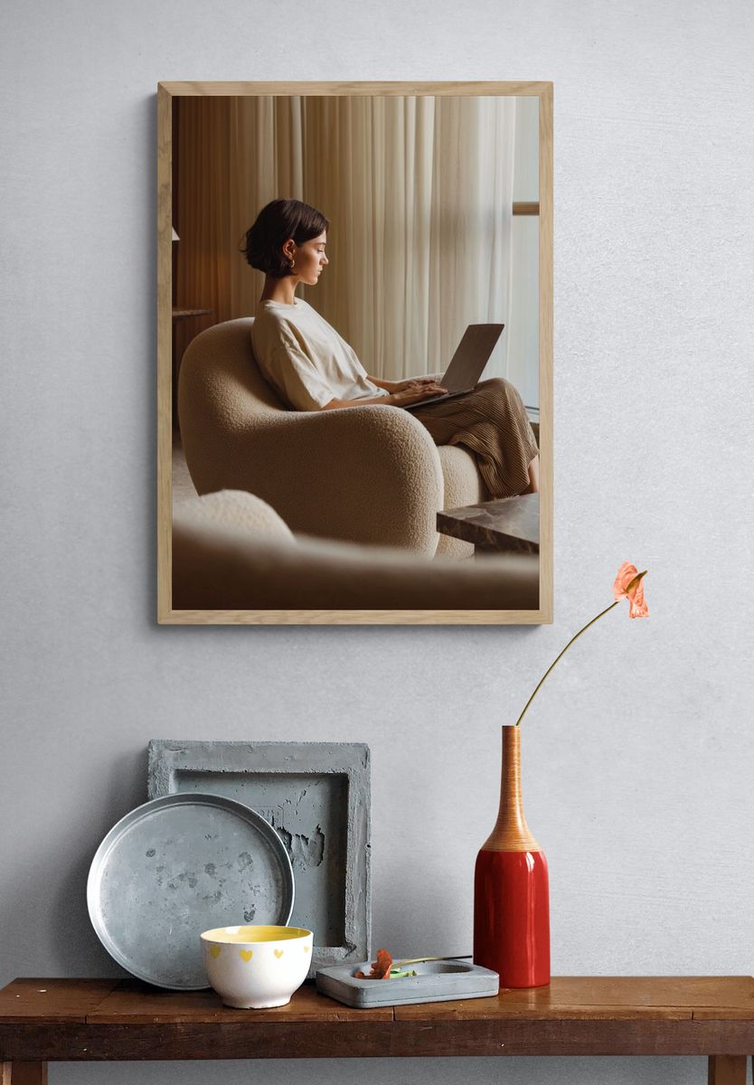 Cozy Woman with Laptop Photography Poster. — room view 3