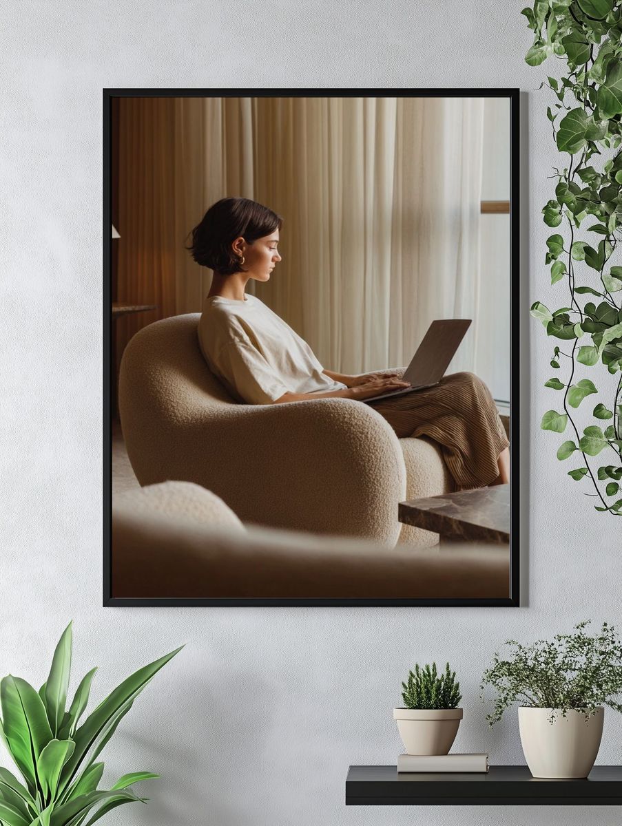 Cozy Woman with Laptop Photography Poster. — room view 4