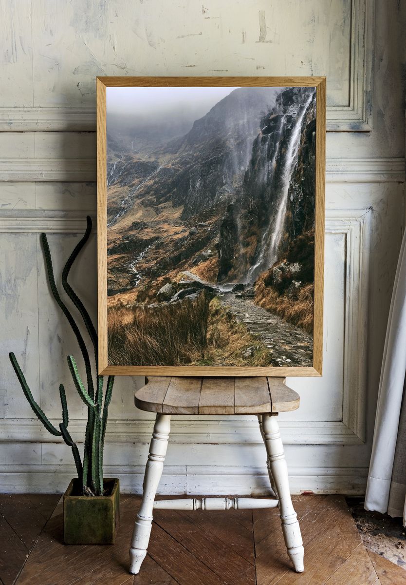Misty Mountain Waterfall Poster. room preview