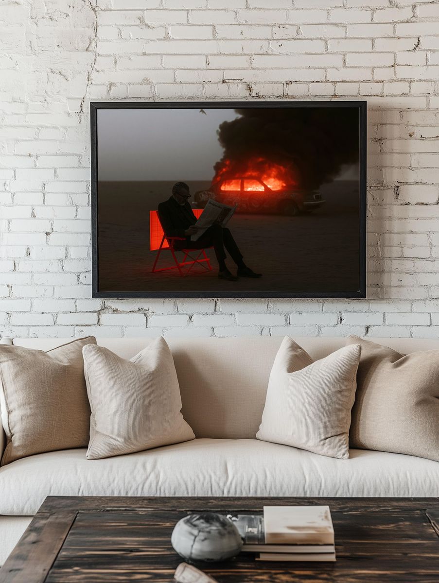 Burning Car by the Sea Photography Poster. — room view 1