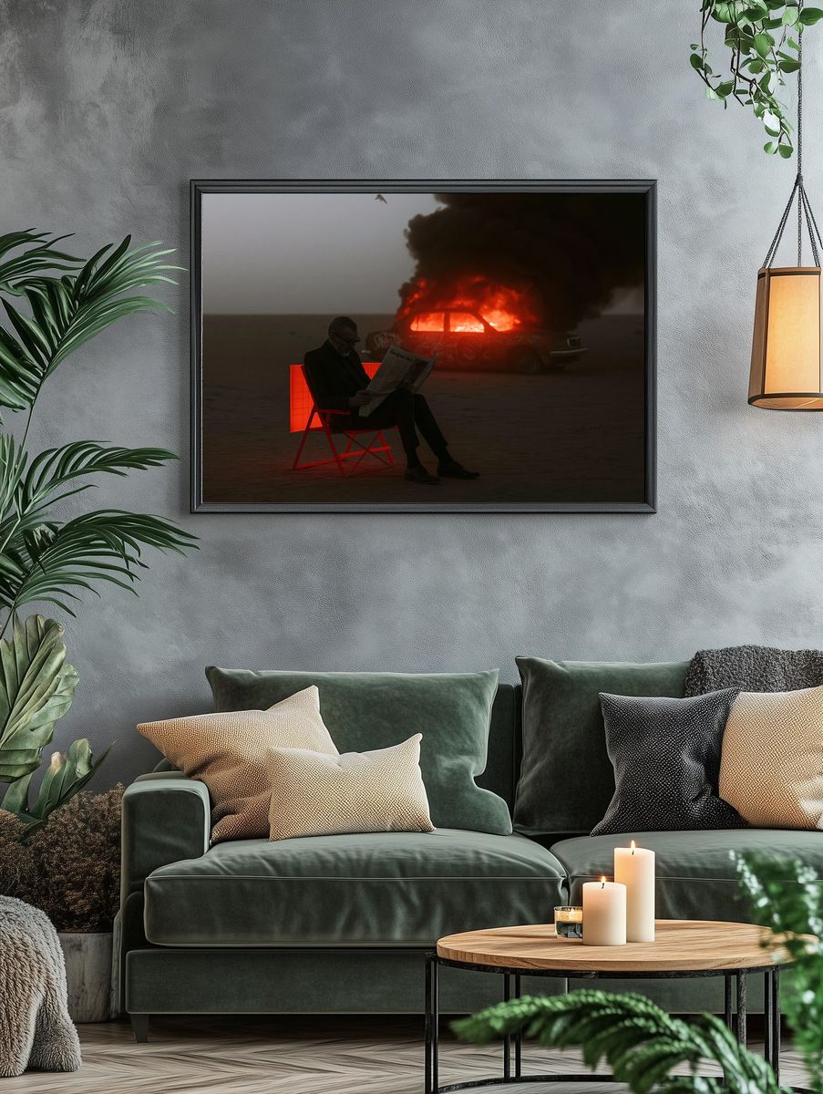 Burning Car by the Sea Photography Poster. — room view 4