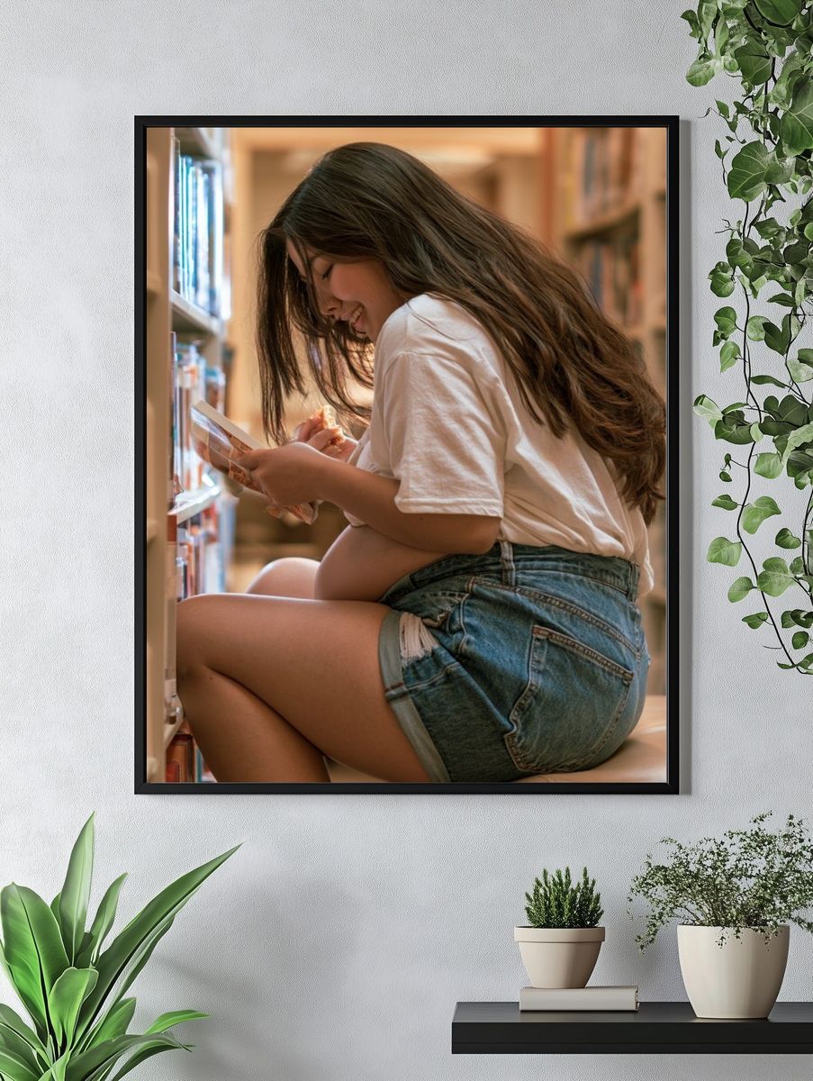 Girl Reading in Library Photography Poster. — room view 4