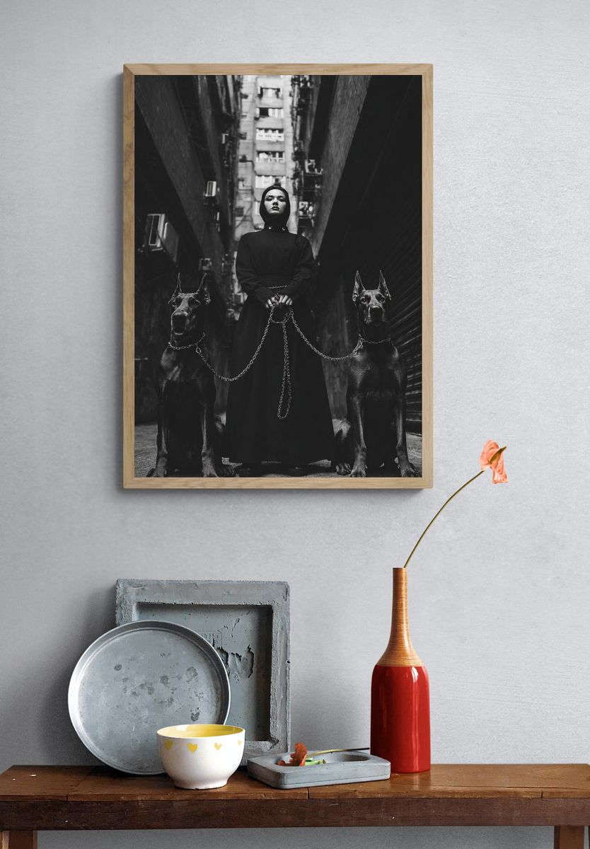 Gothic Woman with Great Danes Poster. — room view 3