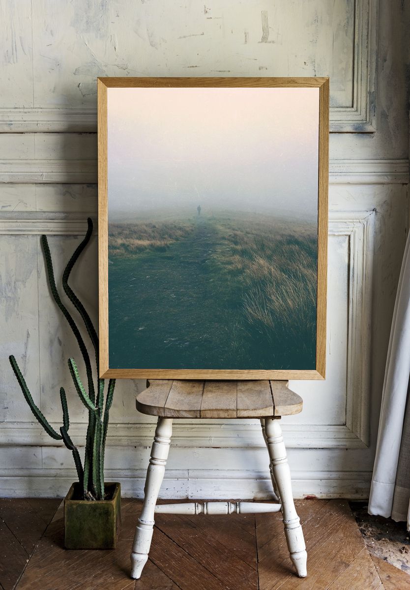 Misty Moorland Path Photography Poster. room preview