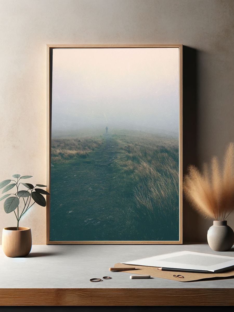 Misty Moorland Path Photography Poster. — room view 2