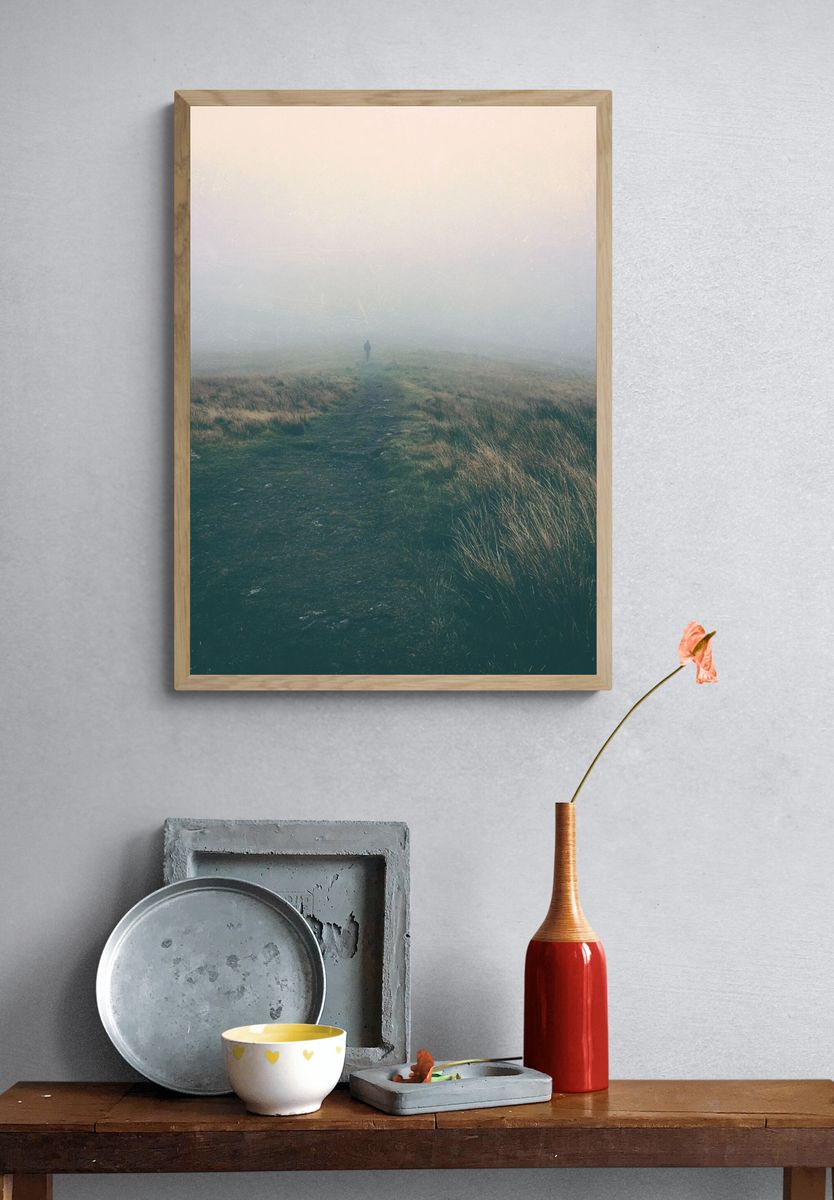 Misty Moorland Path Photography Poster. — room view 3