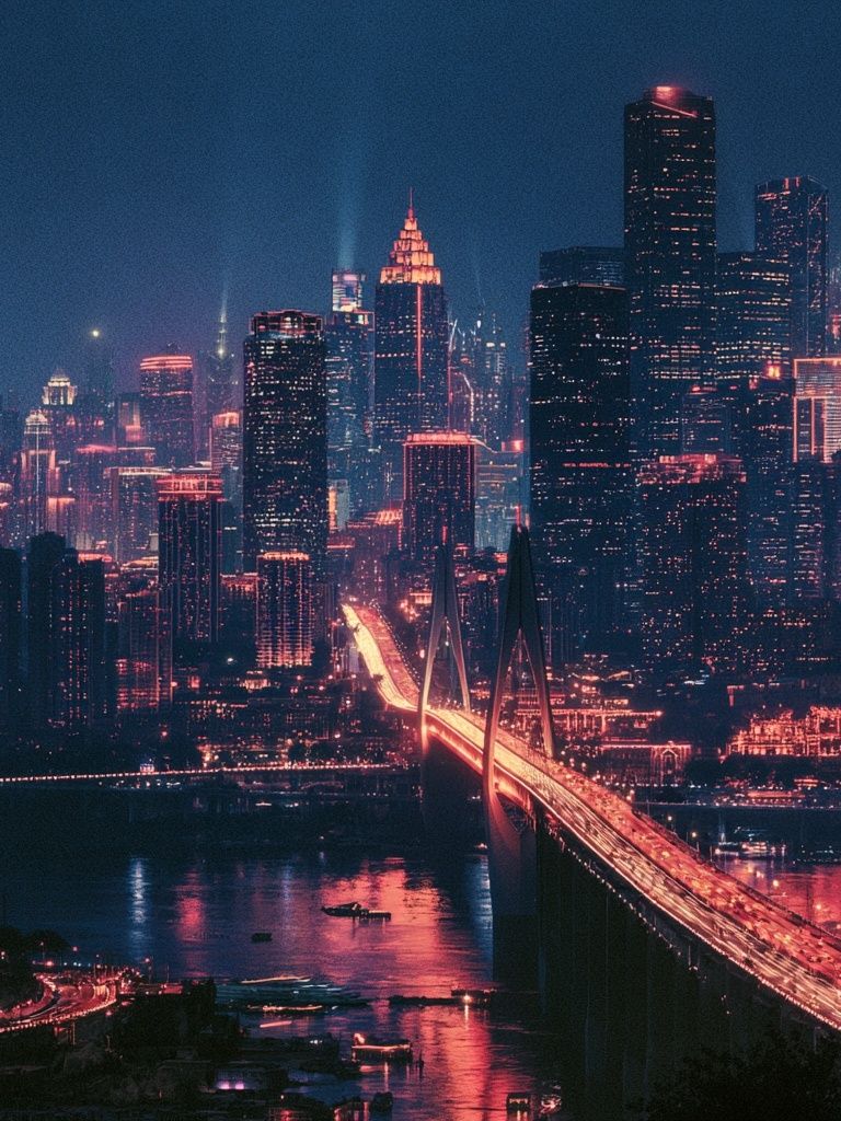 Neon City Skyline Photography Poster. poster detail