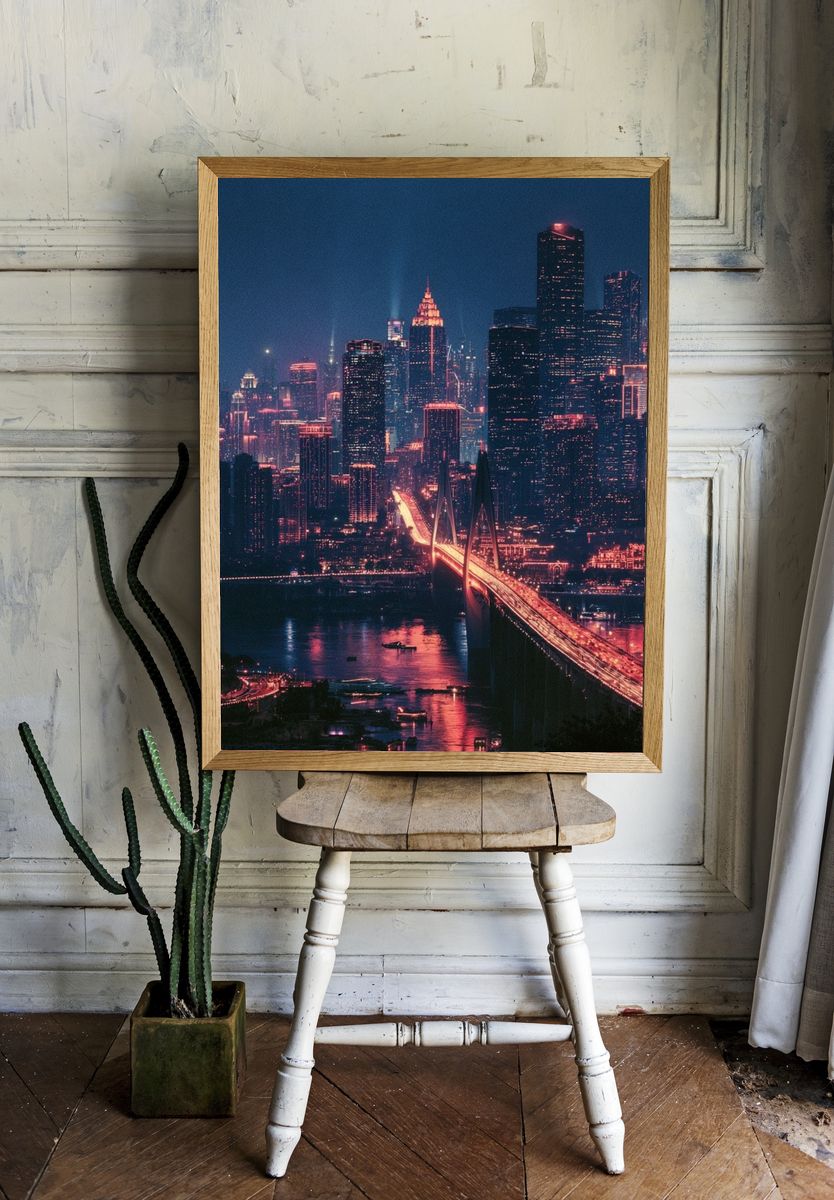 Neon City Skyline Photography Poster. — room view 1