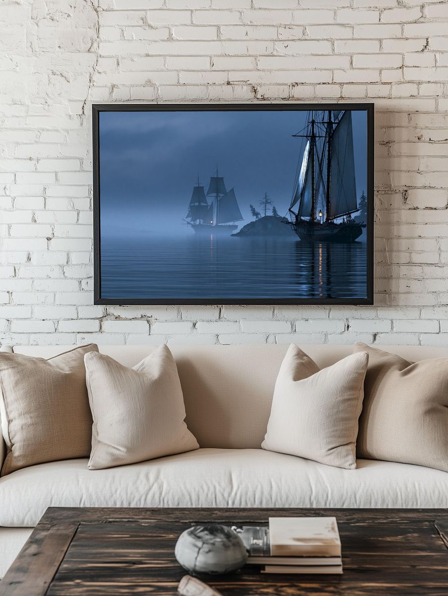 Foggy Sailing Ships Photography Poster. room preview