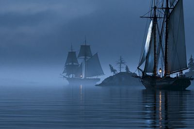 Foggy Sailing Ships Photography Poster.