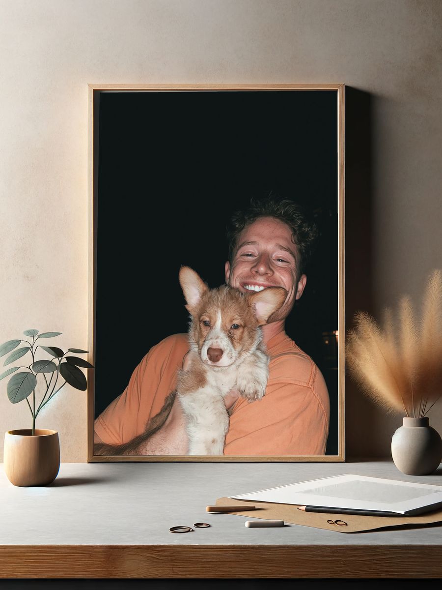 Smiling Man with Puppy Portrait Poster. — room view 2