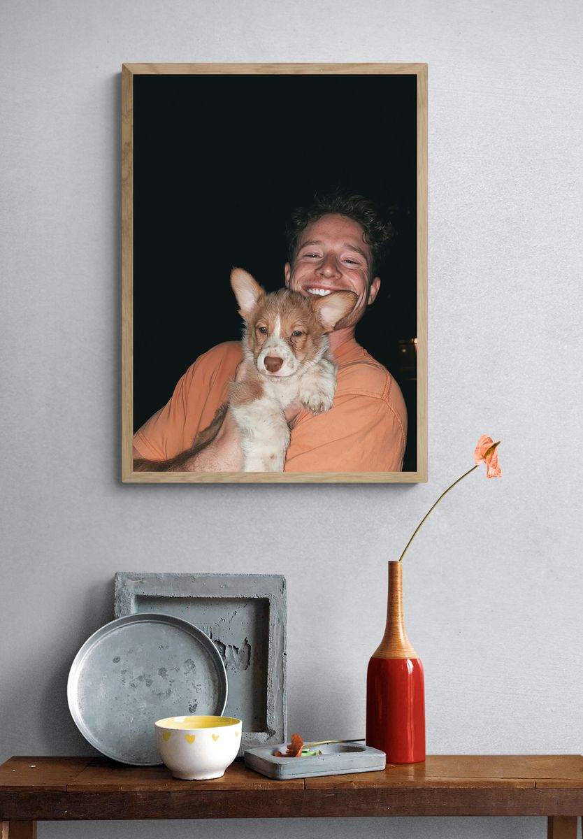 Smiling Man with Puppy Portrait Poster. — room view 3