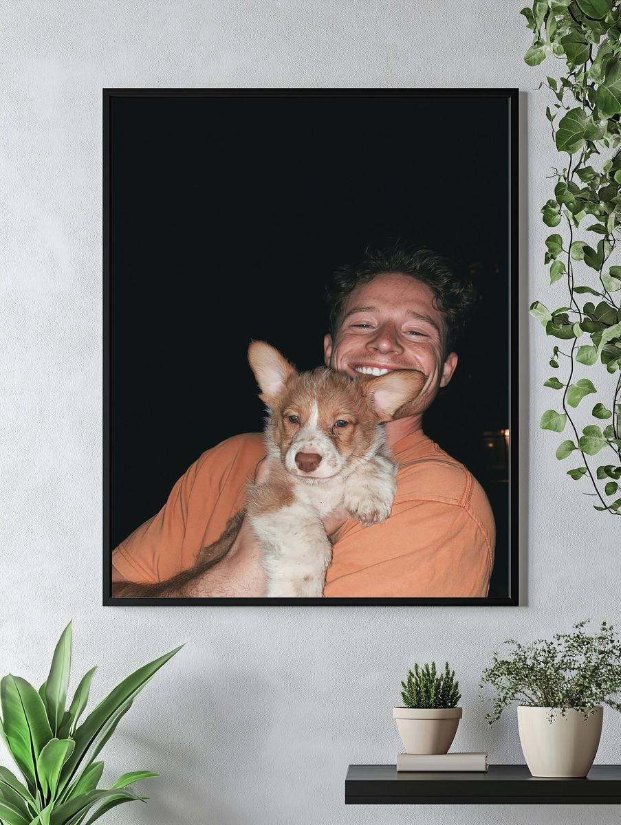 Smiling Man with Puppy Portrait Poster. — room view 4