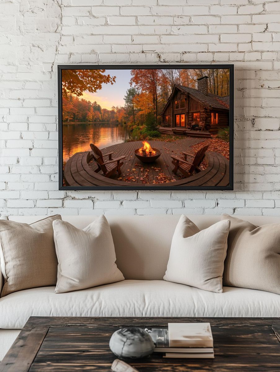 Autumn Lakeside Cabin Photography Poster. room preview