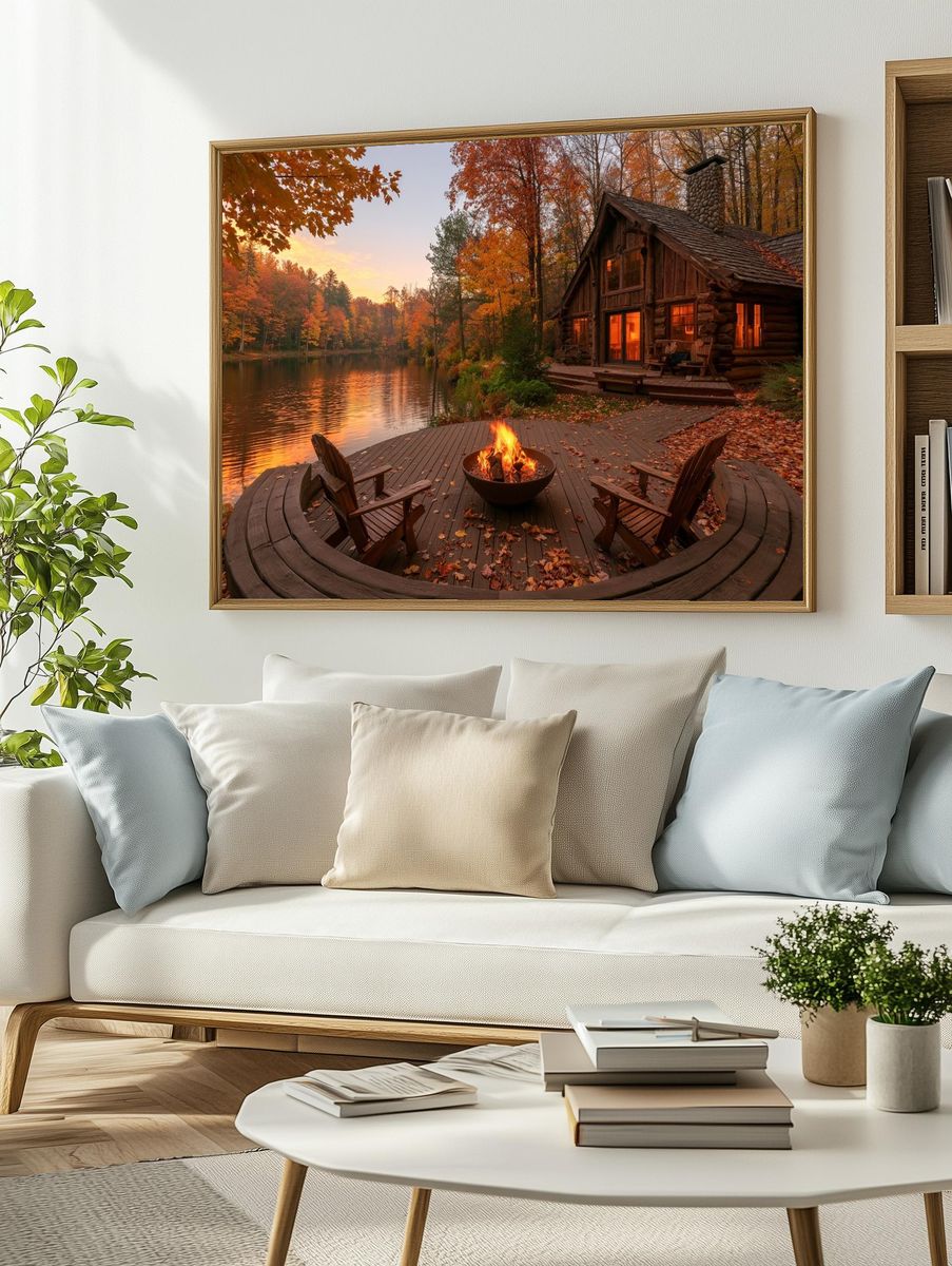 Autumn Lakeside Cabin Photography Poster. — room view 2