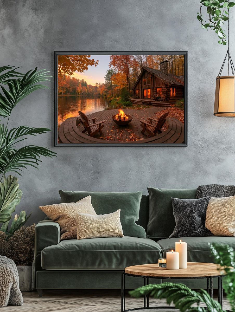 Autumn Lakeside Cabin Photography Poster. — room view 4
