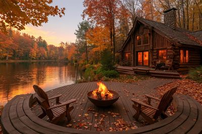 Autumn Lakeside Cabin Photography Poster.
