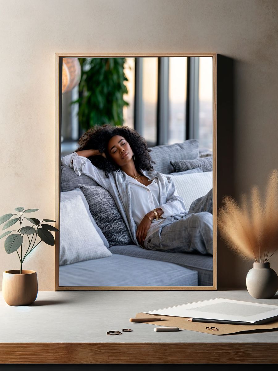 Relaxed Woman on Sofa Photography Poster. — room view 2