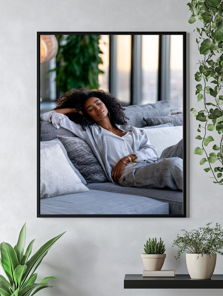 Relaxed Woman on Sofa Photography Poster. — room view 4