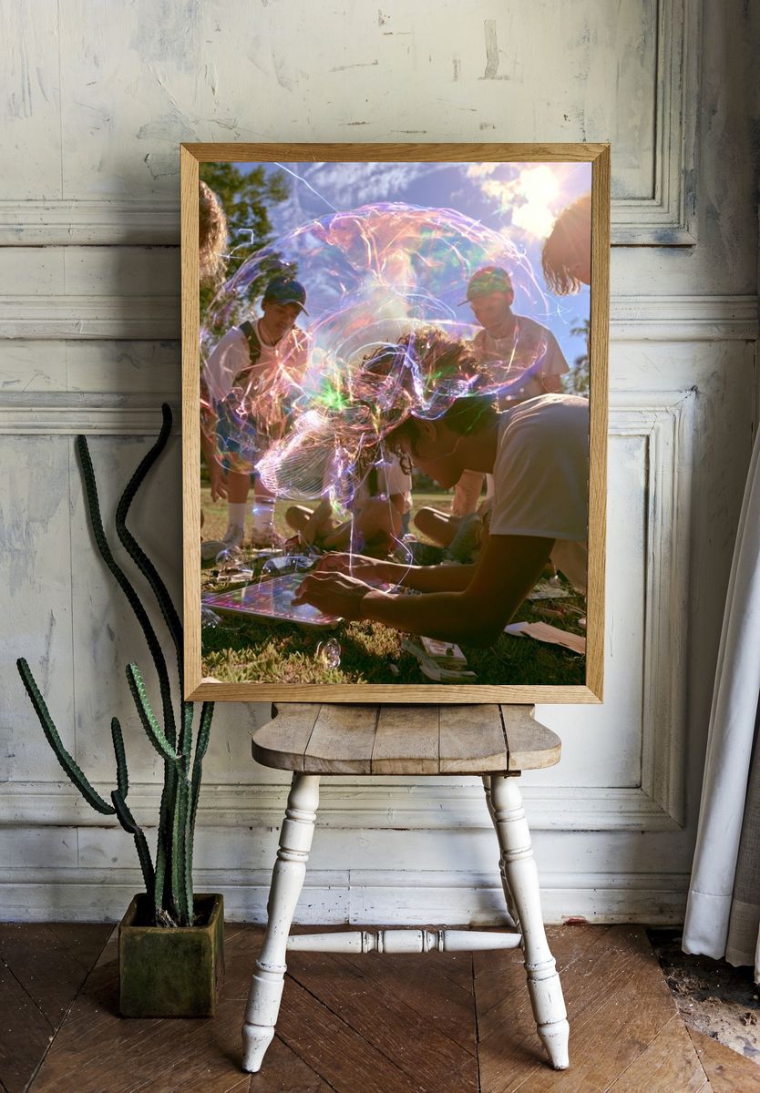 Sunlit Bubble Gathering Photography Poster. room preview