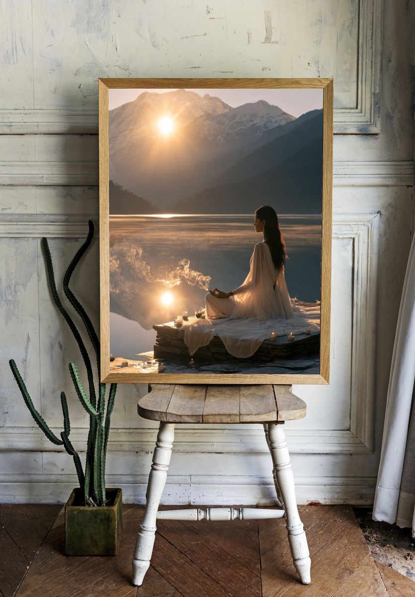 Meditative Lake Sunrise Photography Poster. — room view 1
