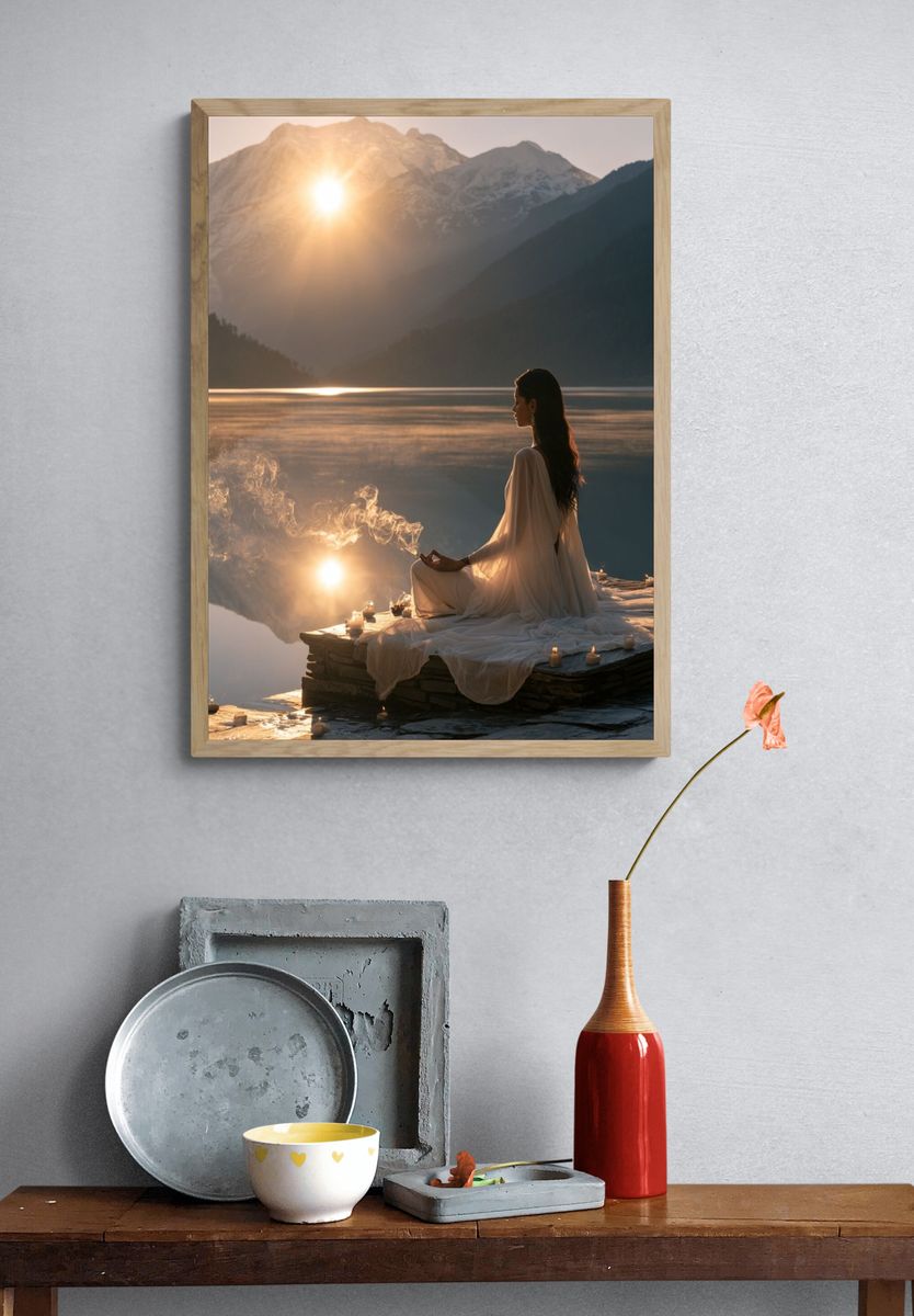 Meditative Lake Sunrise Photography Poster. — room view 3
