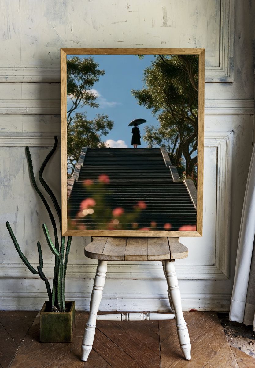 Umbrella Stairway Silhouette Photography Poster. room preview