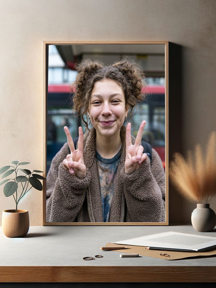 Smiling Girl Peace Sign Portrait Print. — room view 2