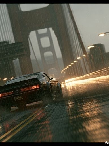 Rainy Bridge Car Chase Photography Poster. poster — photography art