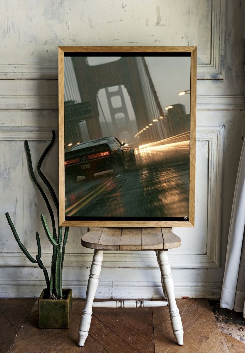 Rainy Bridge Car Chase Photography Poster. — room view 1