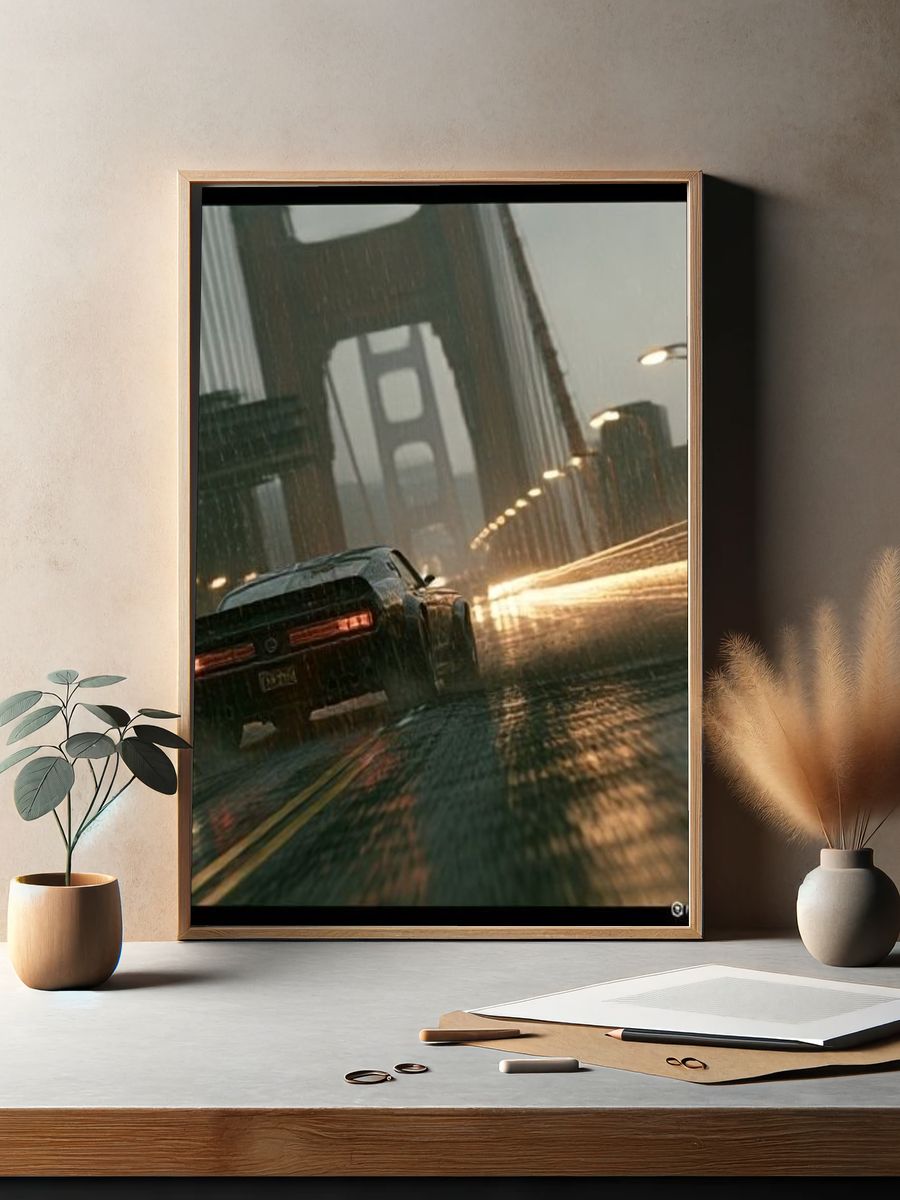 Rainy Bridge Car Chase Photography Poster. — room view 2