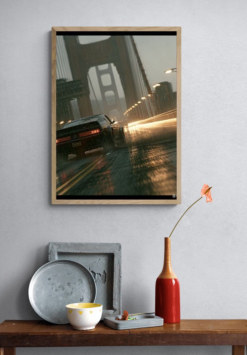 Rainy Bridge Car Chase Photography Poster. — room view 3