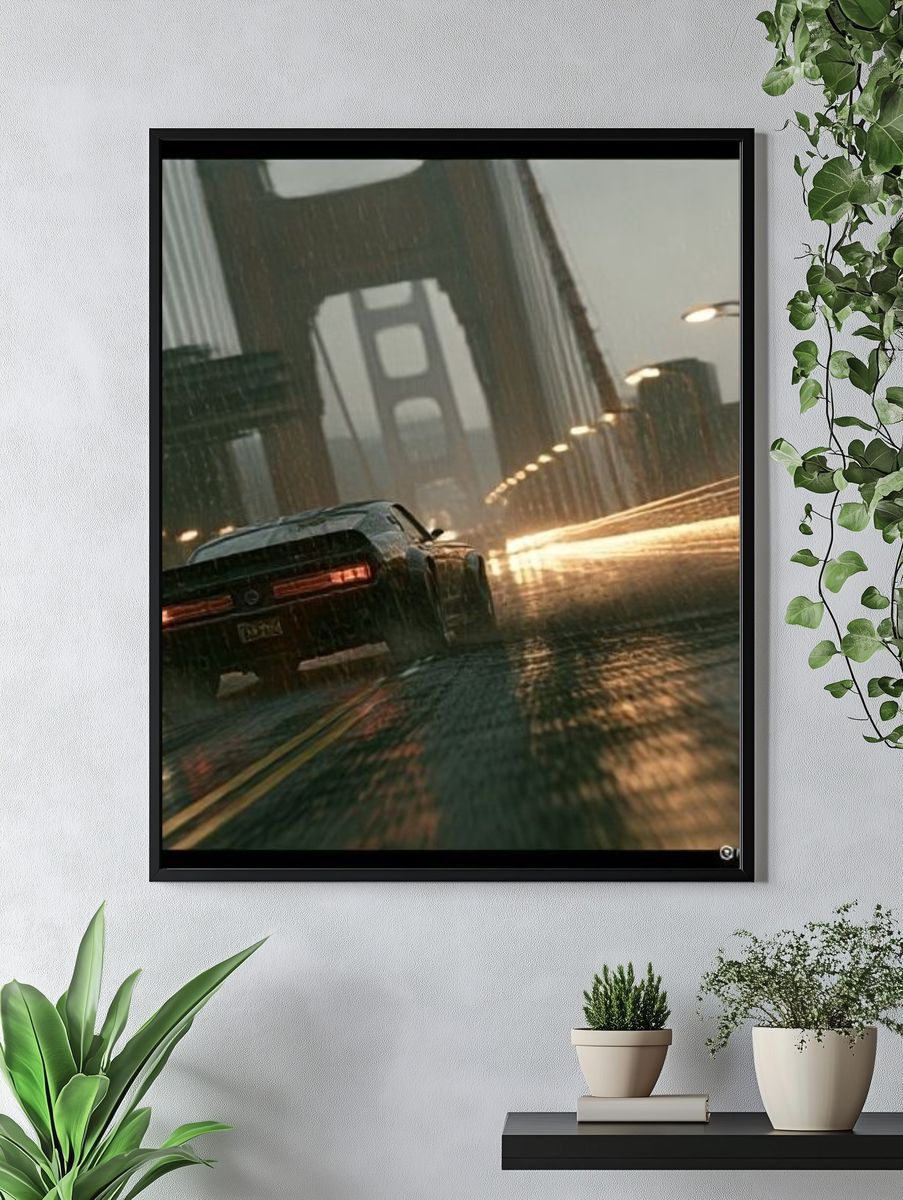 Rainy Bridge Car Chase Photography Poster. — room view 4