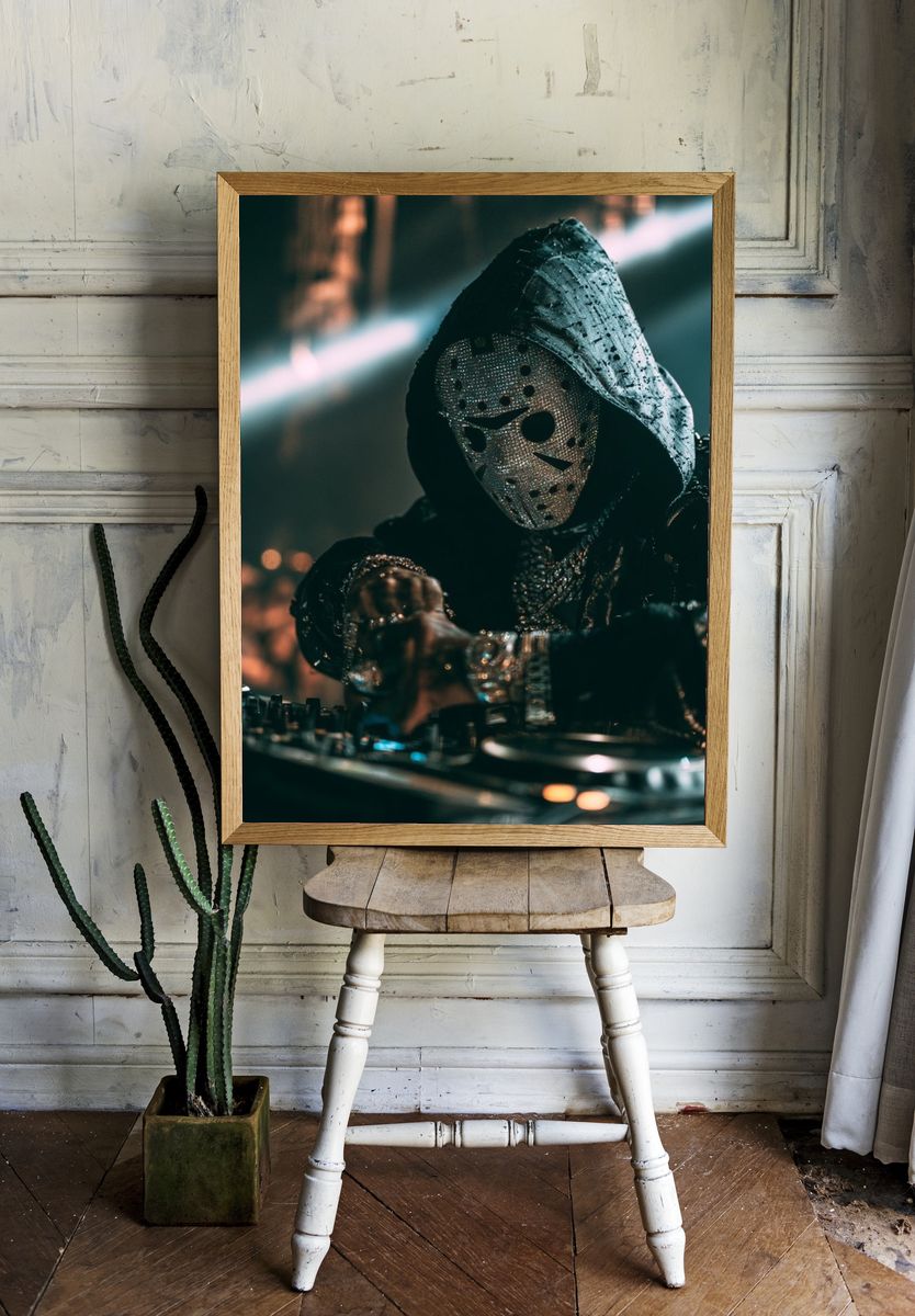 Masked DJ Portrait Photography Poster. room preview