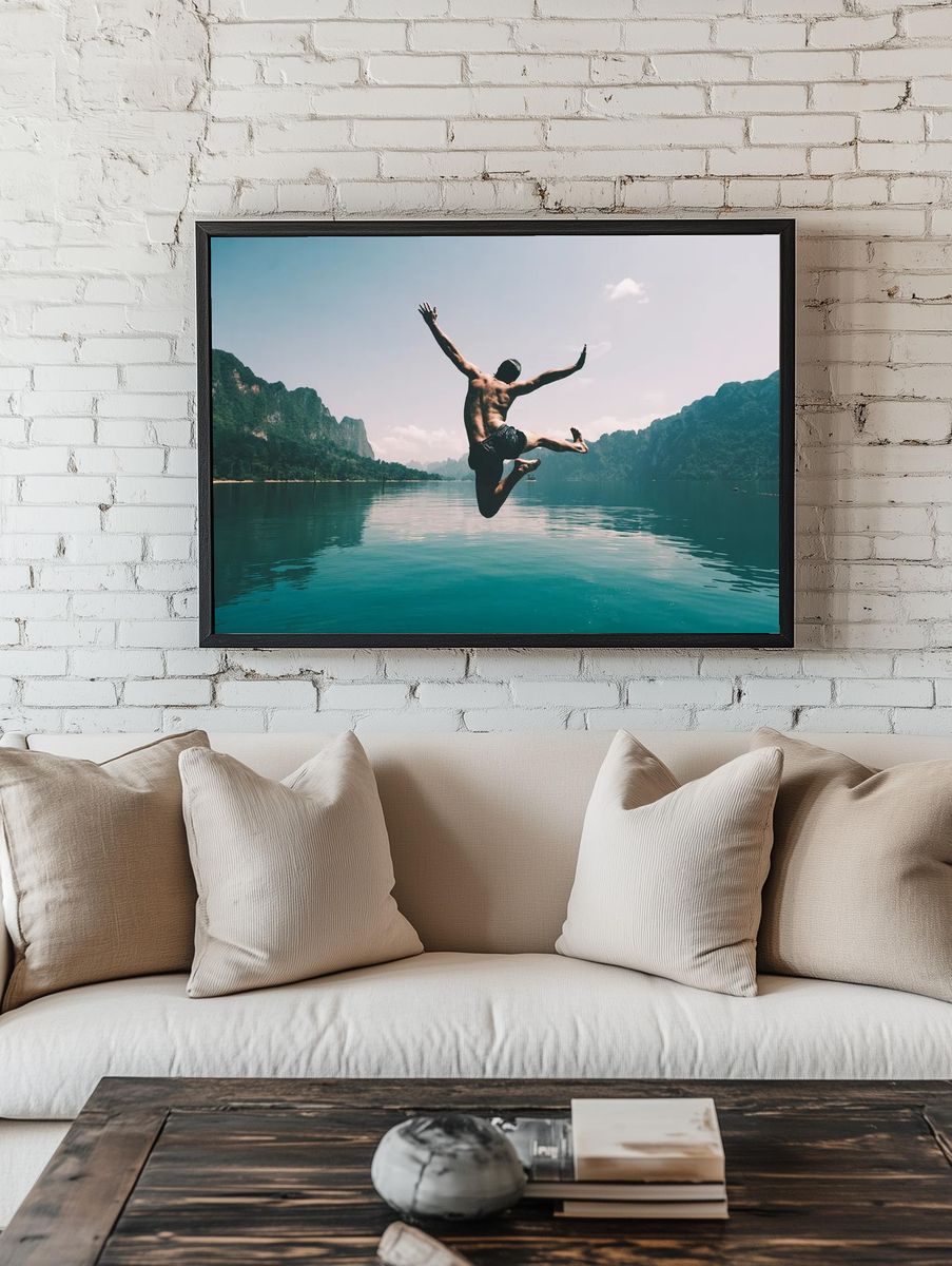 Man jumping joy lake. — room view 1