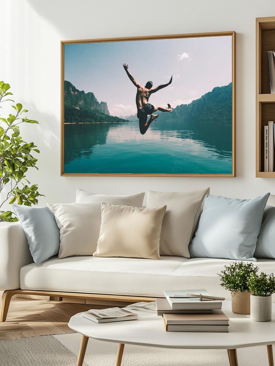 Man jumping joy lake. — room view 2