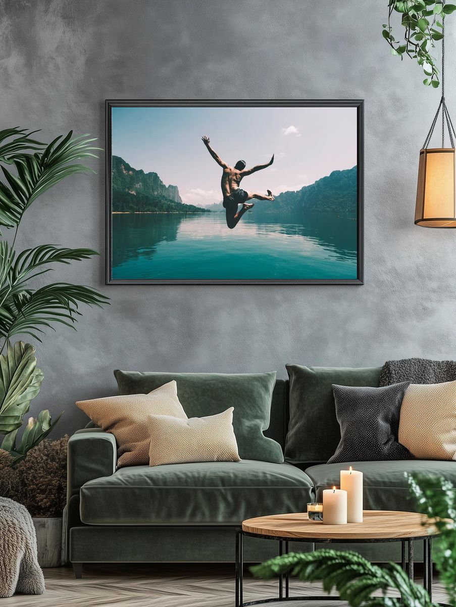 Man jumping joy lake. — room view 4
