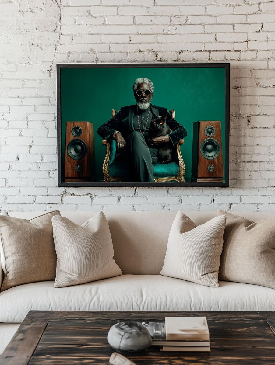 Regal Man with Black Cat Photography Poster. — room view 1